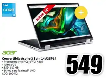 MediaWorld acer Convertibile Aspire 3 Spin 14 A3SP14 offerta
