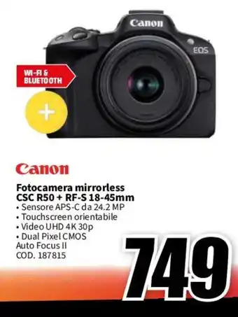 MediaWorld Canon Fotocamera mirrorless CSC R50 + RF-S 18-45mm offerta