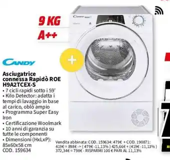 MediaWorld CANDY Asciugatrice connessa Rapidò ROE H9A2TCEX-S offerta