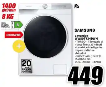 MediaWorld SAMSUNG Lavatrice WW80T734DWH offerta