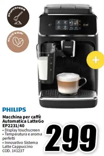 MediaWorld PHILIPS Macchina per caffè Automatica Latte Go EP2231/40 offerta