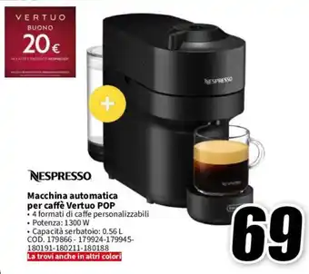 MediaWorld NESPRESSO Macchina automatica per caffè Vertuo POP offerta