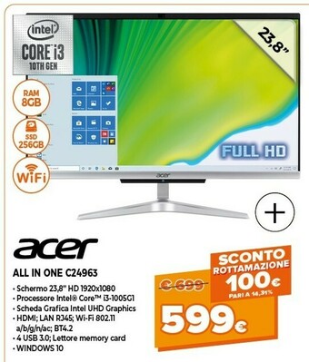 Expert Acer Aspire C24-963 60,5 Cm (23.8") 1920 X 1080 Pixel Intel® Core™ I5 Di Decima Generazione 8 GB DDR4-SDRAM 256 GB SSD FreeDO offerta