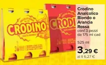 Carrefour Crodino Analcolico Biondo o Arancia Rossa 525 ml offerta