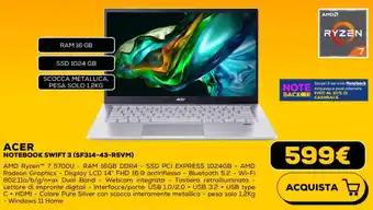 Euronics ACER NOTEBOOK SWIFT 3 (SF314-43-R5VM) offerta