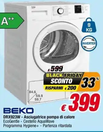 BEKO DRX923W - Asciugatrice pompa di calore EcoGentle - Cestello AquaWave Programma Hygiene+ - Partenza ritardata