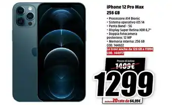 MediaWorld Apple Apple iPhone 12 Pro Max 256GB - Blu Pacifico offerta