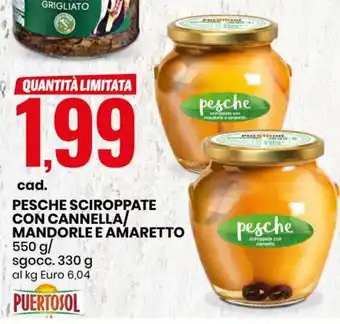 Eurospin PESCHE SCIROPPATE CON CANNELLA/ MANDORLE E AMARETTO 550 g/ sgocc. 330 g offerta