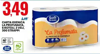 Eurospin CARTA IGIENICA LA PROFUMATA, 6 ROTOLI, 3 VELI, 300 STRAPPI offerta