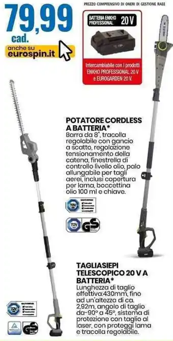 Eurospin Potatore Cordless A Batteria, Tagliasiepi Telescopico 20V A Batteria offerta