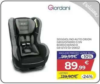 Bimbo Store Giordani - seggiolino auto orion grigio/nero con bordo bianco gr 0/1/2 (0-25kg) offerta