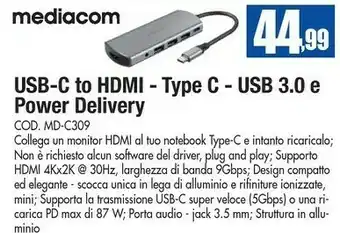 Mediacom MD-C309 Usb-c To Hdmi- Type C- Usb 3.0 E Power Delivery