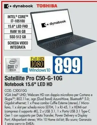 Wellcome Dynabook Satellite Pro C50-G-10G Computer Portatile 39,6 Cm (15.6") Full HD Intel® Core™ I7 Di Decima Generazione 16 GB DDR4- offerta