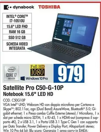 Wellcome Dynabook Satellite Pro C50-G-10P Computer Portatile 39,6 Cm (15.6") Full HD Intel® Core™ I7 Di Decima Generazione 16 GB DDR4- offerta