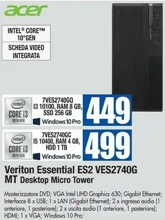 Wellcome Acer Veriton VES2740G I3-10100 Mini Tower Intel® Core™ I3 Di Decima Generazione 4 GB DDR4-SDRAM 256 GB SSD Windows 10 Pro PC offerta