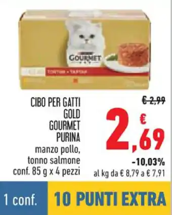 CIBO PER GATTI GOLD GOURMET PURINA manzo pollo, tonno salmone conf. 85 g x 4 pezzi