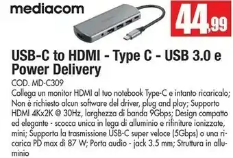 Vobis Mediacom USB-C To HDMI - Type C - USB 3.0 E Power Delivery offerta