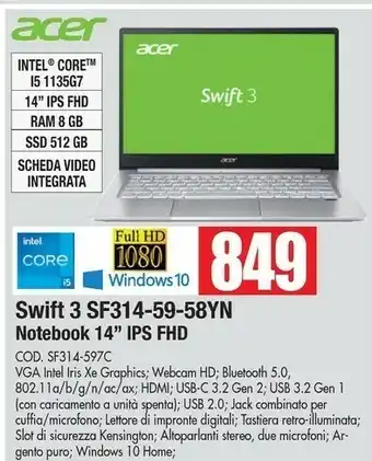 Vobis Acer Swift 3 SF314-59-58YN LPDDR4x-SDRAM Computer Portatile 35,6 Cm (14") 1920 X 1080 Pixel Intel® Core™ I5 Di Undicesima Gen offerta