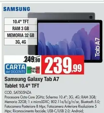 Vobis Samsung Galaxy Tab A7 Tablet, Display 10.4" TFT, 32GB Espandibili Fino A 1TB, RAM 3GB, Batteria 7.040 MAh, LTE, Android 10, F offerta
