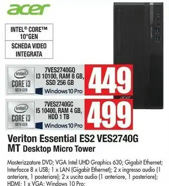 Vobis Acer Veriton VES2740G I3-10100 Mini Tower Intel® Core™ I3 Di Decima Generazione 4 GB DDR4-SDRAM 256 GB SSD Windows 10 Pro PC offerta