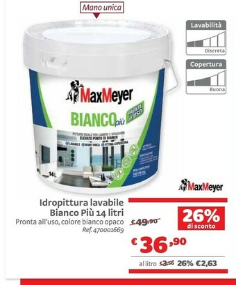 Bricocenter Maxmeyer Idropittura Lavabile Bianco Più 14 Litri offerta