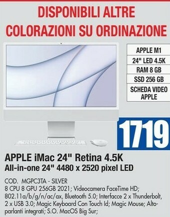 Apple IMac 24" Con Display Retina 4.5K (Chip M1 Con GPU 7-core, 256GB SSD) - Argento (2021)