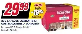 200 CAPSULE COMPATIBILI CON MACCHINE A MARCHIO Lavazza A Modo Mio Miscela Nobile