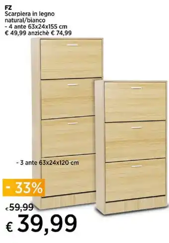 Ipercoop FZ Scarpiera in legno natural/bianco - 4 ante 63x24x155 cm offerta
