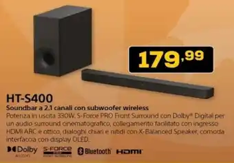 Euronics Sony HT-S400 Soundbar a 2.1 canali con subwoofer wireless offerta