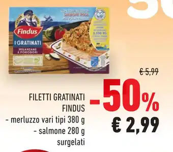 Conad FILETTI GRATINATI FINDUS - merluzzo vari tipi 380 g - salmone 280 g offerta