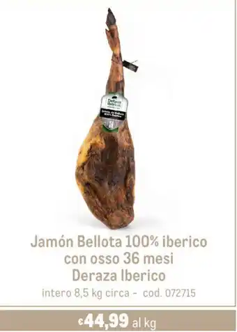 Metro Jamón Bellota 100% iberico con osso 36 mesi Deraza Iberico intero 8,5 kg circa offerta