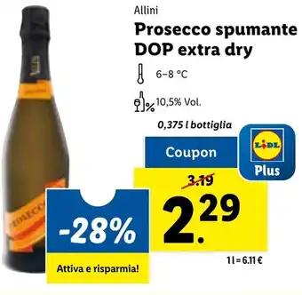 Lidl Allini Prosecco spumante DOP extra dry 0,375 l bottiglia offerta