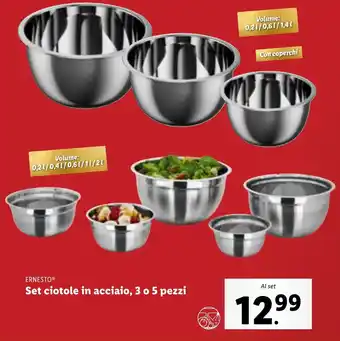 Lidl ERNESTO Set ciotole in acciaio, 3 o 5 pezzi offerta