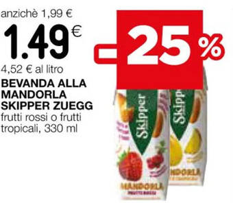 Coop BEVANDA ALLA MANDORLA SKIPPER ZUEGG frutti rossi o frutti tropicali, 330 ml offerta