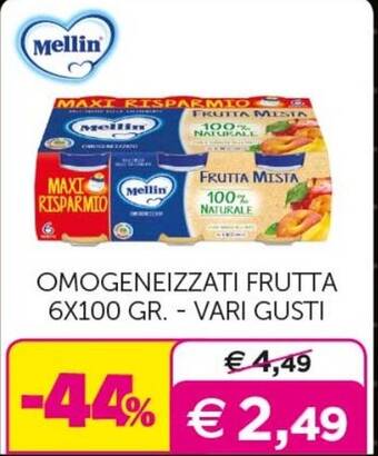 Universo Bimbo Mellin OMOGENEIZZATI FRUTTA 6X100 GR.- VARI GUSTI offerta