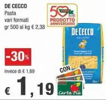 Crai DE CECCO Pasta vari formati gr 500 offerta