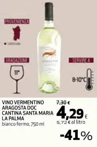 Ipercoop VINO VERMENTINO ARAGOSTA DOC CANTINA SANTA MARIA LA PALMA 750 ml offerta