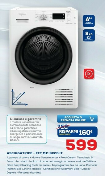 Euronics Whirlpool FFT M11 9X2B IT Asciugatrice Libera Installazione Caricamento Frontale 9 Kg A++ Bianco offerta