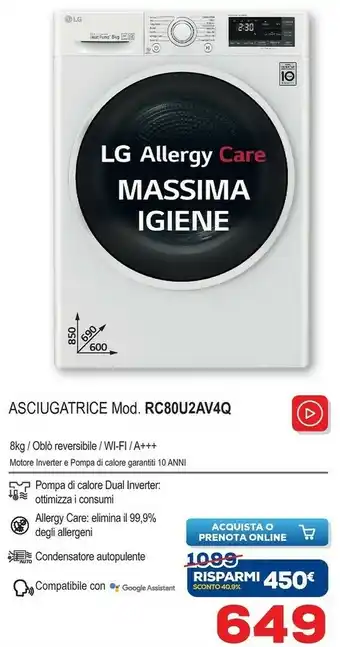 Euronics LG RC80U2AV4Q Libera Installazione Caricamento Frontale Bianco 8 Kg A+++ offerta