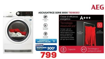 Euronics Aeg T8 DBE 853 Libera Installazione Caricamento Frontale Bianco 8 Kg A+++ offerta