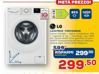 Euronics LG F4WV308N3E Lavatrice Intelligente AIDD 8kg 1400 Giri/min Carica Frontale Classe C offerta