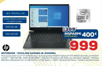 Euronics HP Pavilion Gaming 16-a0006nl Computer Portatile 40,9 Cm (16.1") Full HD Intel® Core™ I7 Di Decima Generazione 16 GB DDR4-SDR offerta