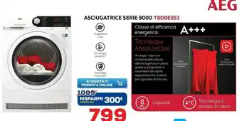 Euronics Aeg T8 DBE 853 Libera Installazione Caricamento Frontale Bianco 8 Kg A+++ offerta