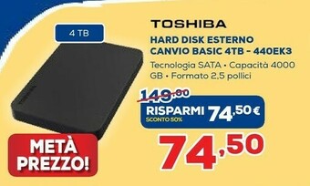 Euronics Toshiba Hard Disk Esterno Canvio Basic 4TB 440EK3 offerta