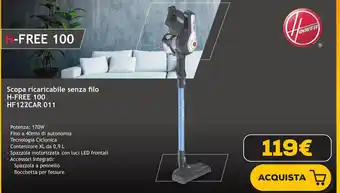 Euronics Hoover Scopa ricaricabile senza filo H-FREE 100 HF122CAR 011 offerta