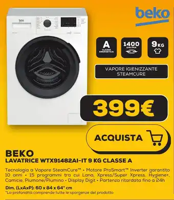 Euronics BEKO LAVATRICE WTX91482AI-IT 9 KG CLASSE A offerta