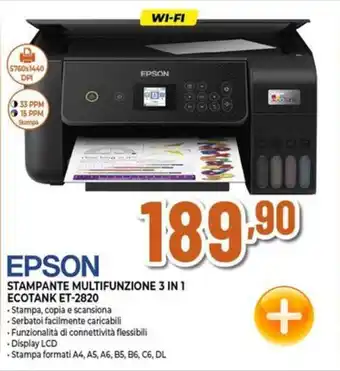 Expert EPSON STAMPANTE MULTIFUNZIONE 3 IN 1 ECOTANK ET-2820 offerta