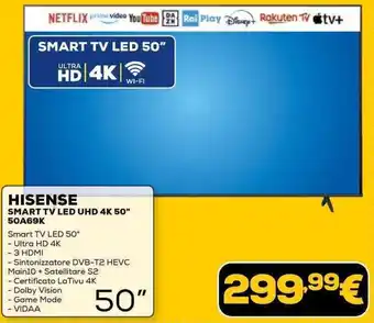 Euronics HISENSE SMART TV LED UHD 4K 50" 50A69K offerta