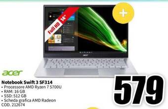 MediaWorld acer Notebook Swift 3 SF314 offerta