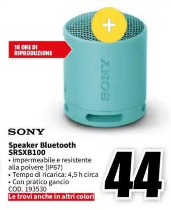 MediaWorld SONY Speaker Bluetooth SRSXB100 offerta